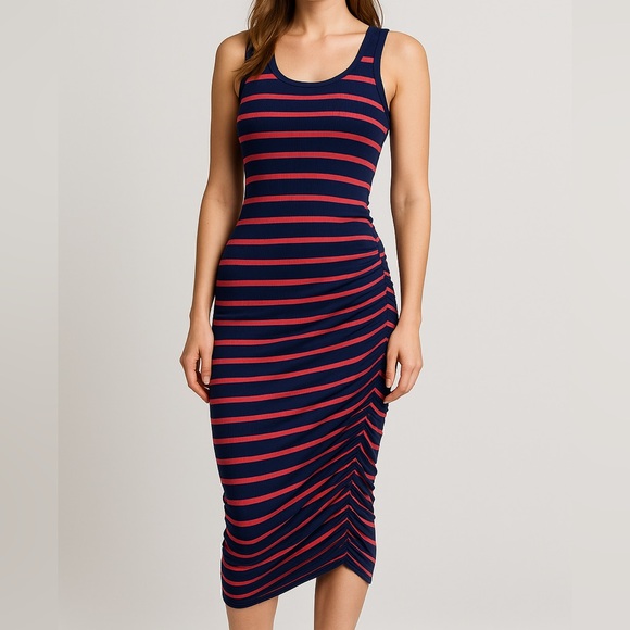 🆕 Michael Stars Navy Red Striped Tank Midi Dress Ruched Side Bodycon Size S - Picture 1 of 12